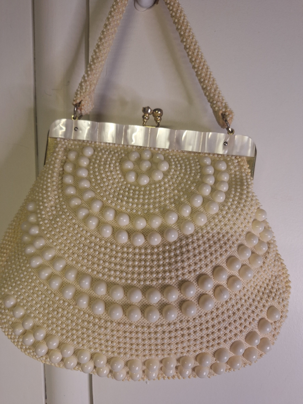 Cream Beaded Pearl-Accent Top-Hand Held Vintage Purse - Picture 2 of 12